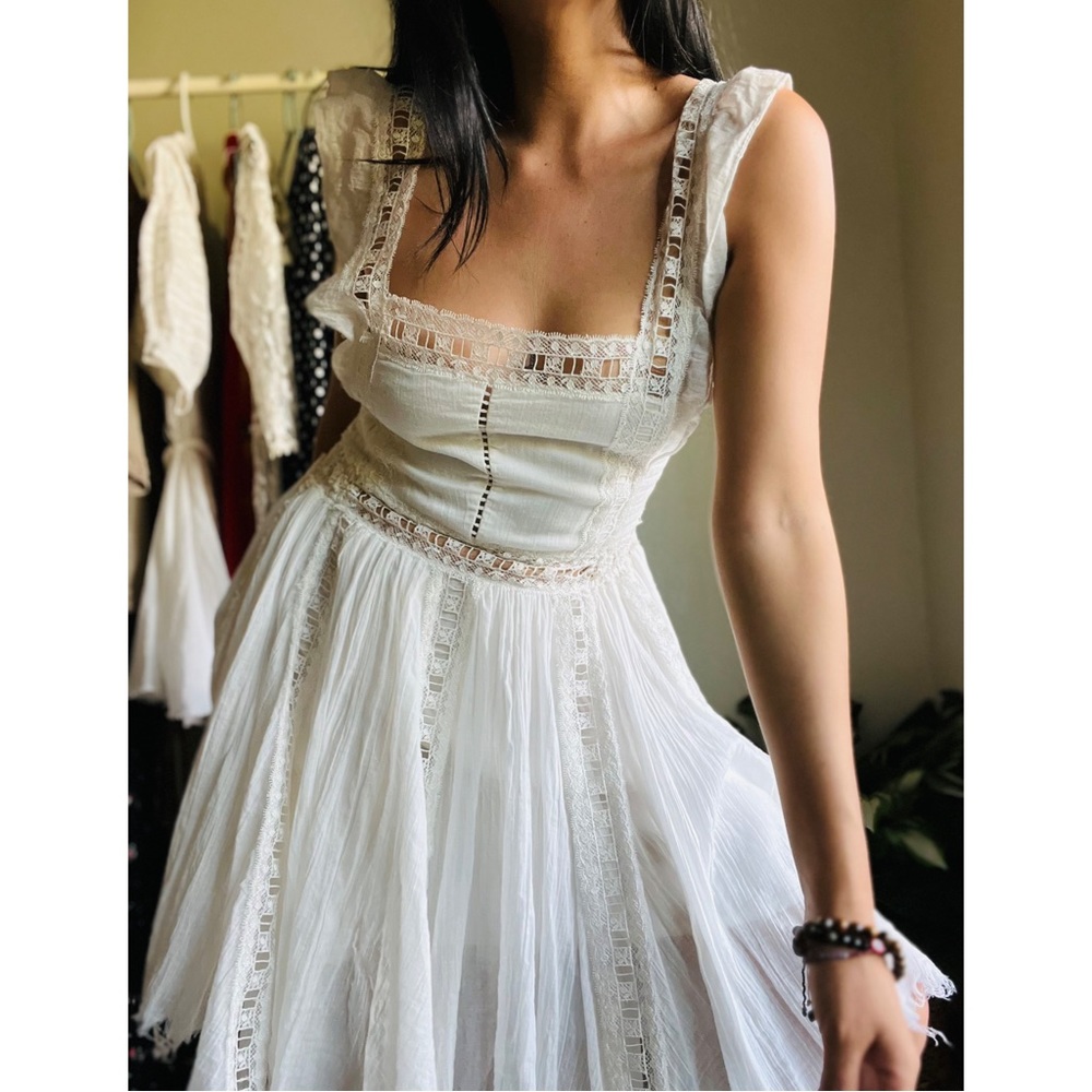 Free People Verona Mini Lace Lattice White Trim Boho Medium Dress